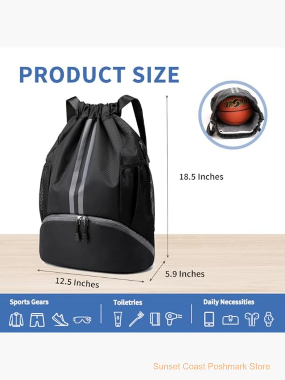 Water-Resistant Drawstring Backpack with Shoe Compartment - Picture 2 of 7